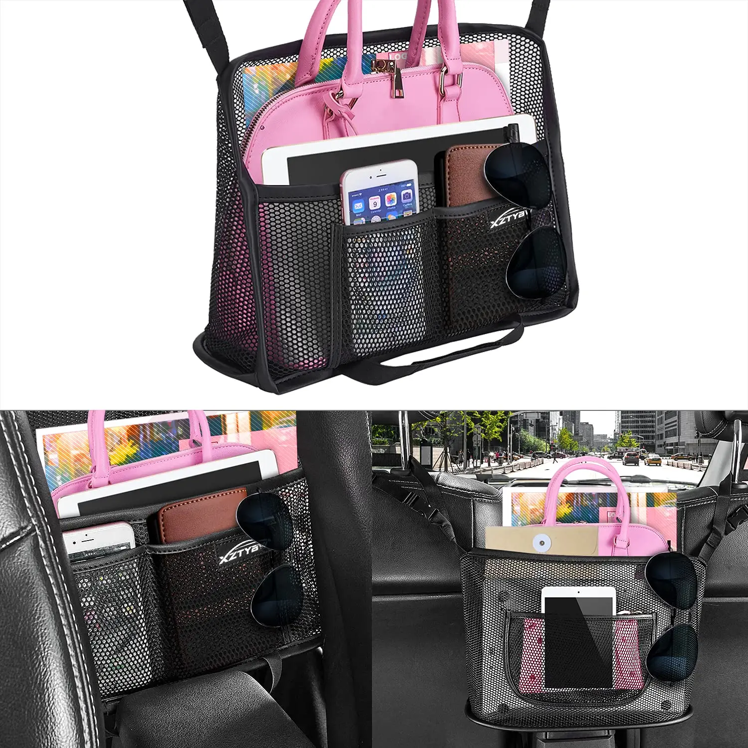 Soporte para bolso de coche entre asientos, organizador de coche de gran capacidad, soporte para bolso de asiento trasero, bolsa de red para coche, barrera para documentos y teléfono