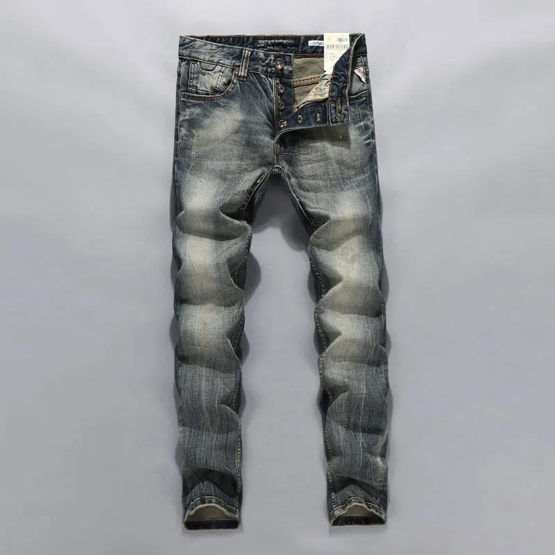 

Newly Designer Fashion Men Jeans Retro Washed Stretch Slim Fit Ripped Jeans Men Trousers Buttons Fly Vintage Denim Pants Hombre