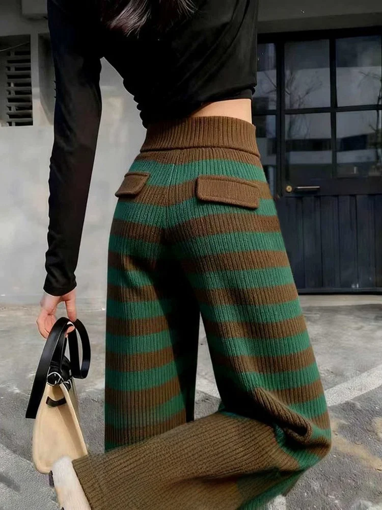 

Ретро-брюки в полоску, вязаные, широкие, с высокой талией, утепленные, повседневные, для работы, женские, зимние, новые, прямые, стройнящие