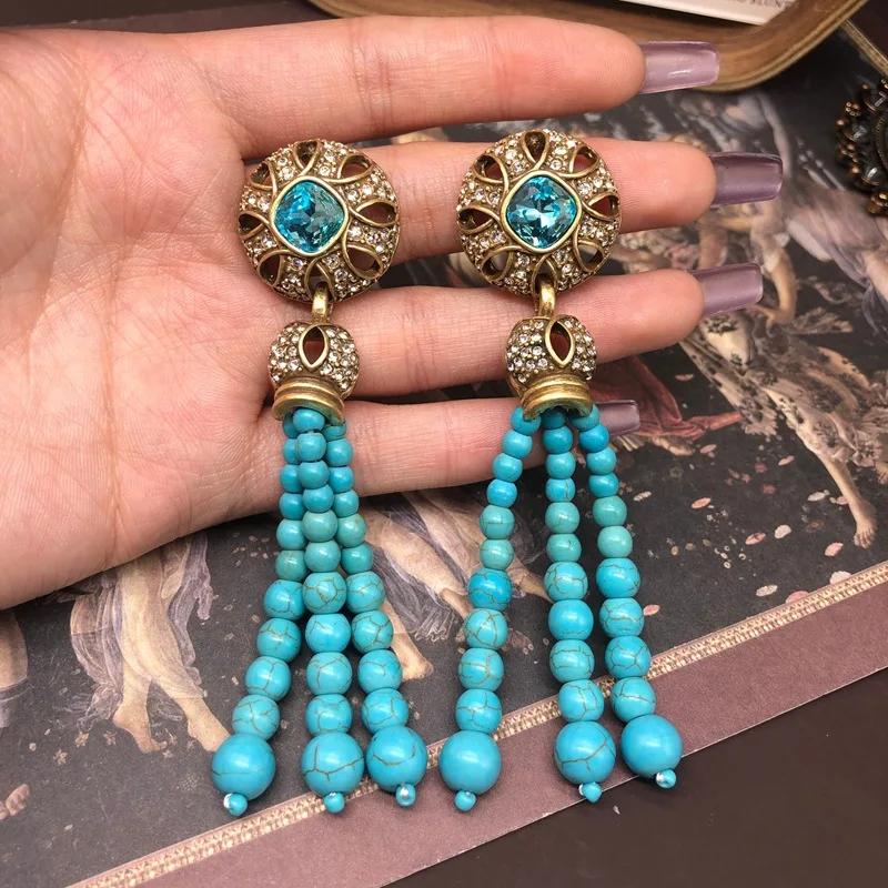 Retro Style Turquoise Tassel Long Sweeping Shoulder Earrings Hollowed Out Zircon Inlay Versatile Women'S Jewelry