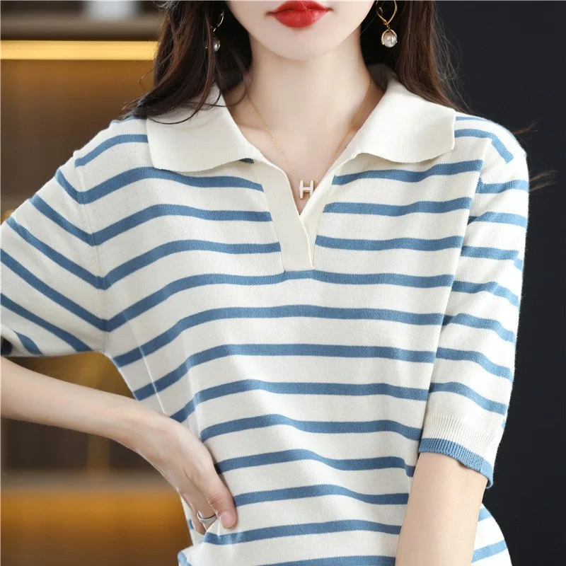 WinvyNee Summer Short Sleeved Women\'s Solid Polo Shirt Casual Cotton Striped Top T-shirt Women Clothing Casual Knitted A1002001