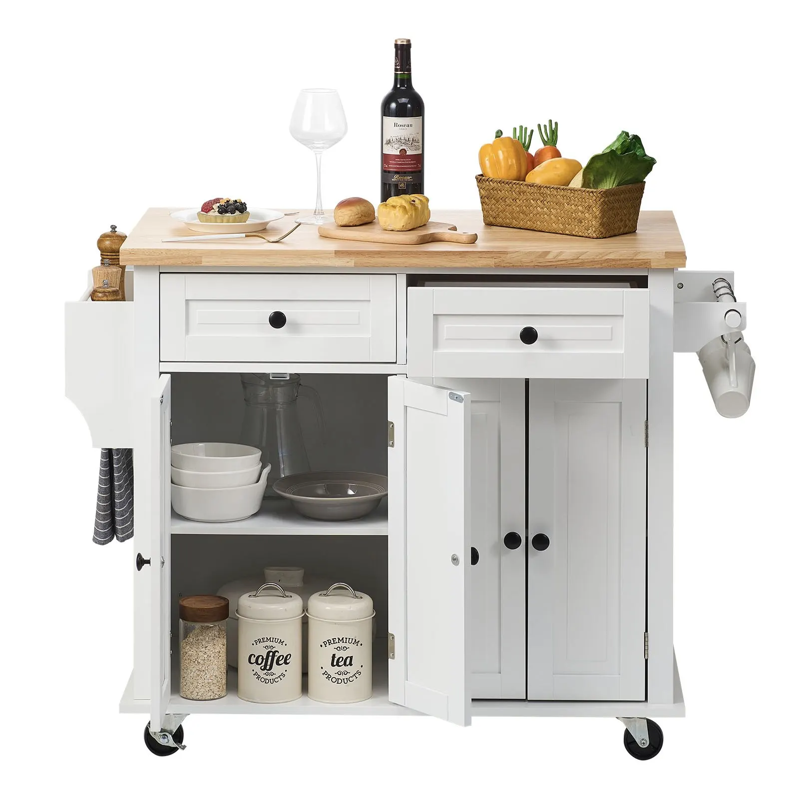 Kitchen Island Cart With Solid Wood Top, 35.4 Width Mobile Carts With Storage Cabinet, Rolling Kitchen Table With Spice Rack,