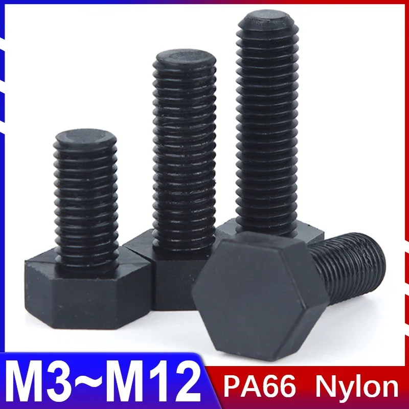 M3 M4 M5 M6 M8 M10 M12 Nylon Hexagonal Screw Metric Threaded Hex Head Screw Plastic Insulated Bolt Length 4mm-100mm PA66 Black