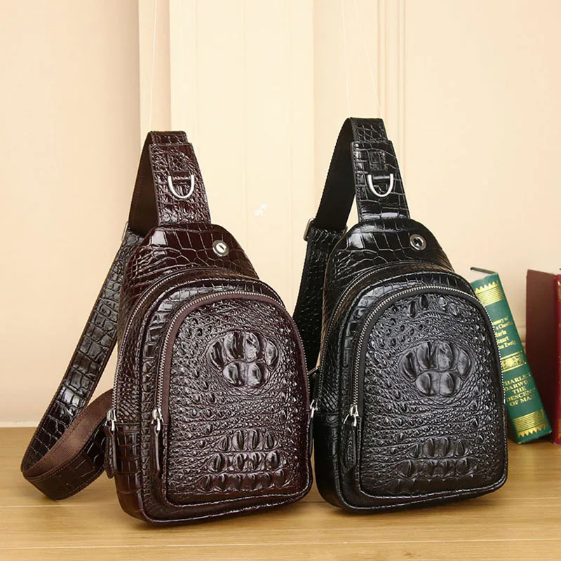 New Crocodile Patterned Chest Bag For Men, Made Of Genuine leather, Single Shoulder Diagonal Cross Bag, Casual Men's Bag Trend