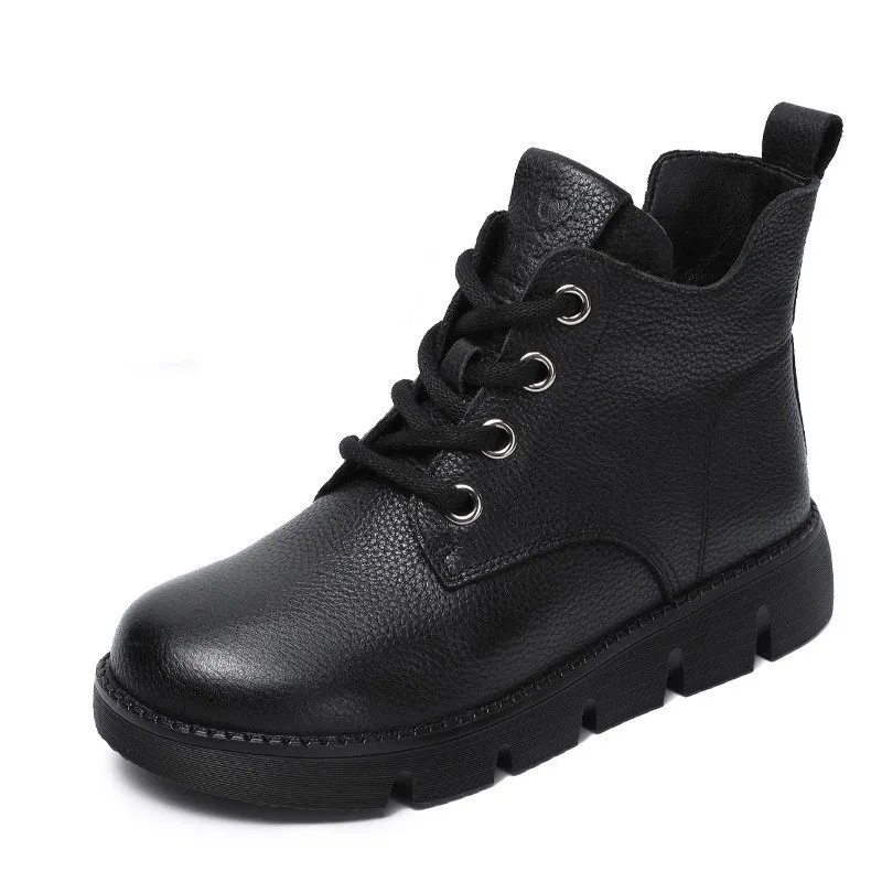 

2025 Fashion Women Flat Boots Autumn Winter Warm Shoes 100% Genuine Cow Leather Soft Comfort Cotton Ankle Boots Black