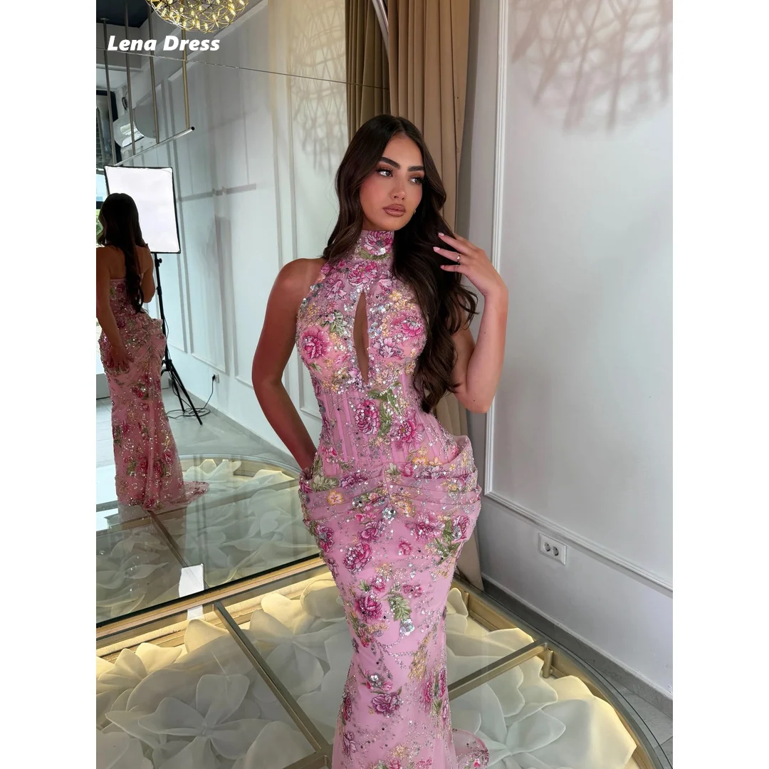 Lena Blumen-Spitzen-Ballkleid für Damen mit Rundhalsausschnitt, Festliche Kleider für Besondere Anlässe, Rosa Formelle & Abendkleider