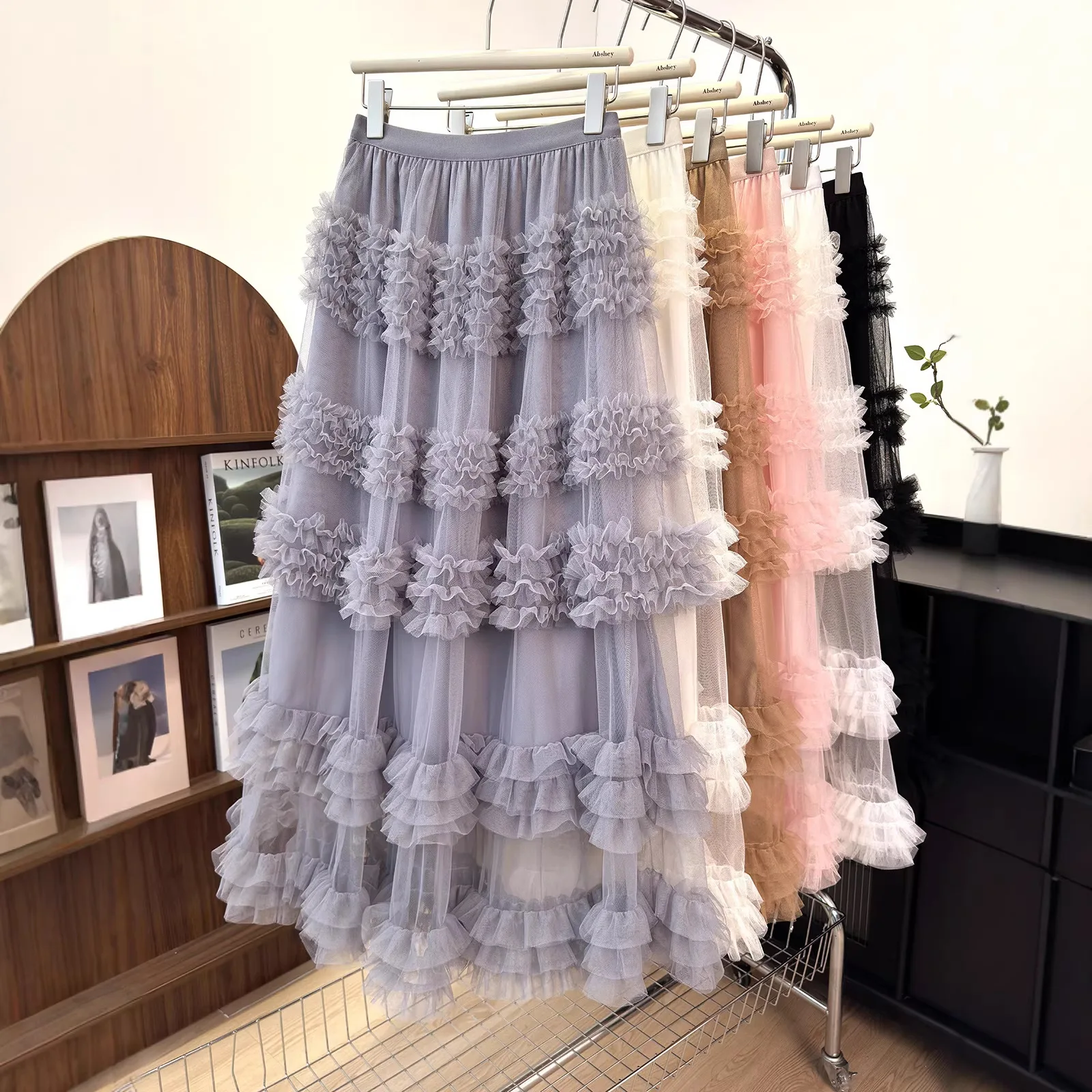 

2026 Весенние новые длинные юбки с большими качелями, женская сетчатая юбка-торт