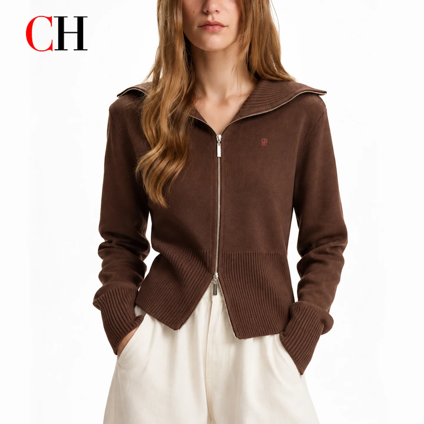 CH Long Sleeve Knit Jacket Oversized Lapel Full Zip Closure Tiny Chest Embroidery Rib Trim Waist Cuff Casual Outer Top