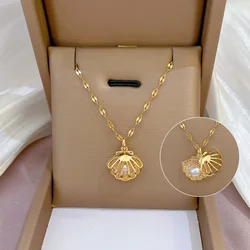 OIMG 316L Stainless Steel Hollow Shell Imitation Pearl Pendant Necklace Choker Party Gift For Ladies 2022 Fashion Jewelry