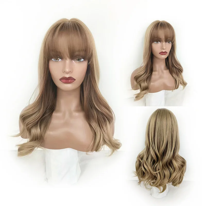

European and American gradual change brown Qi bangs big waves long curly hair wig headgear performance wig