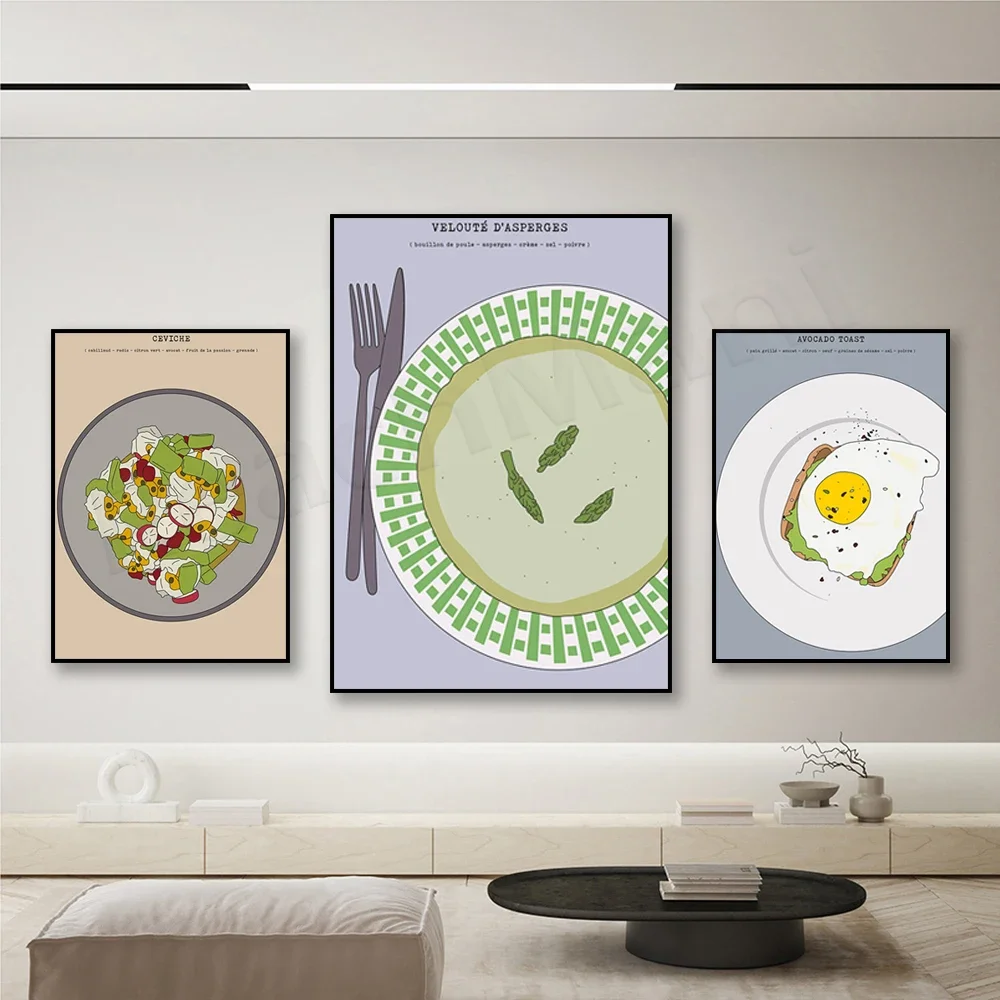 Food prints, ceviche, avocado toast, poster for gourmet wall decor kitchen recipe canvas print