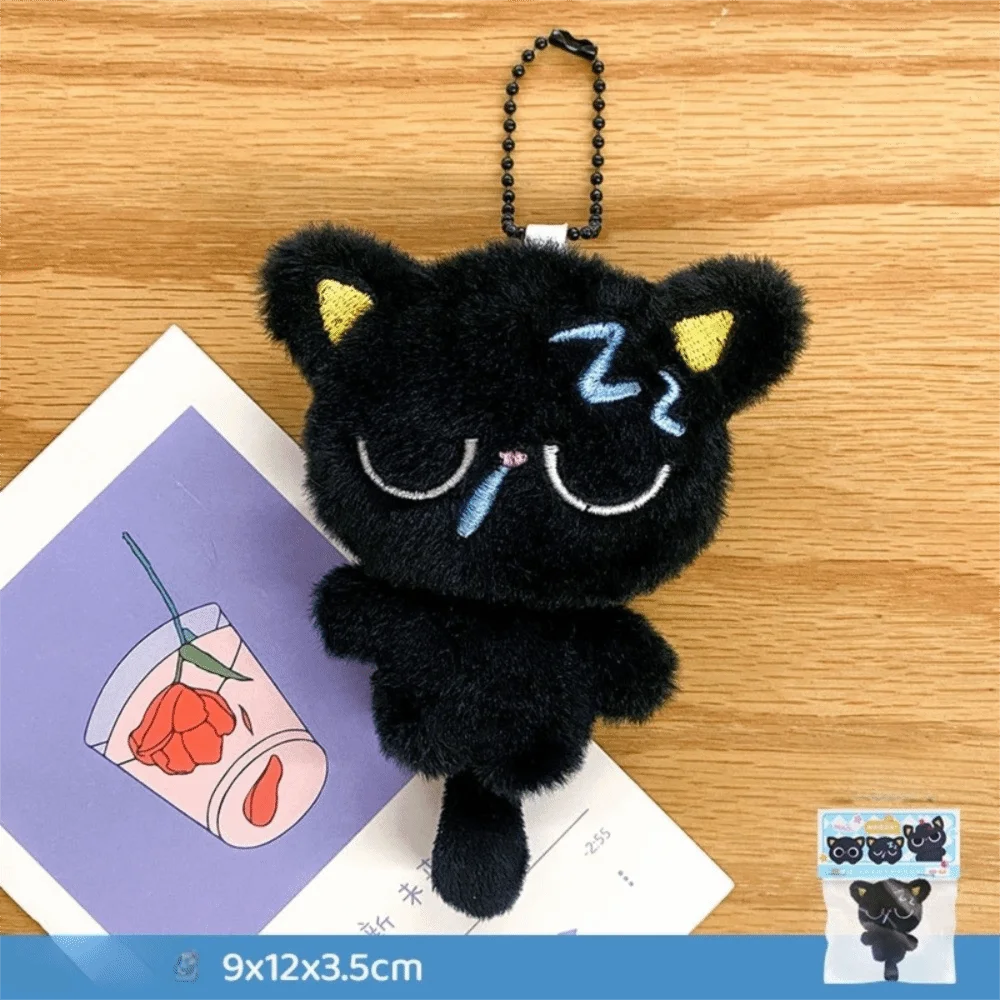 New Sleepy Black Cat Plush Keychain Stripe Scarf Stuffed Doll Bag Pendant Soft Car Key Ring School Bag Decoration