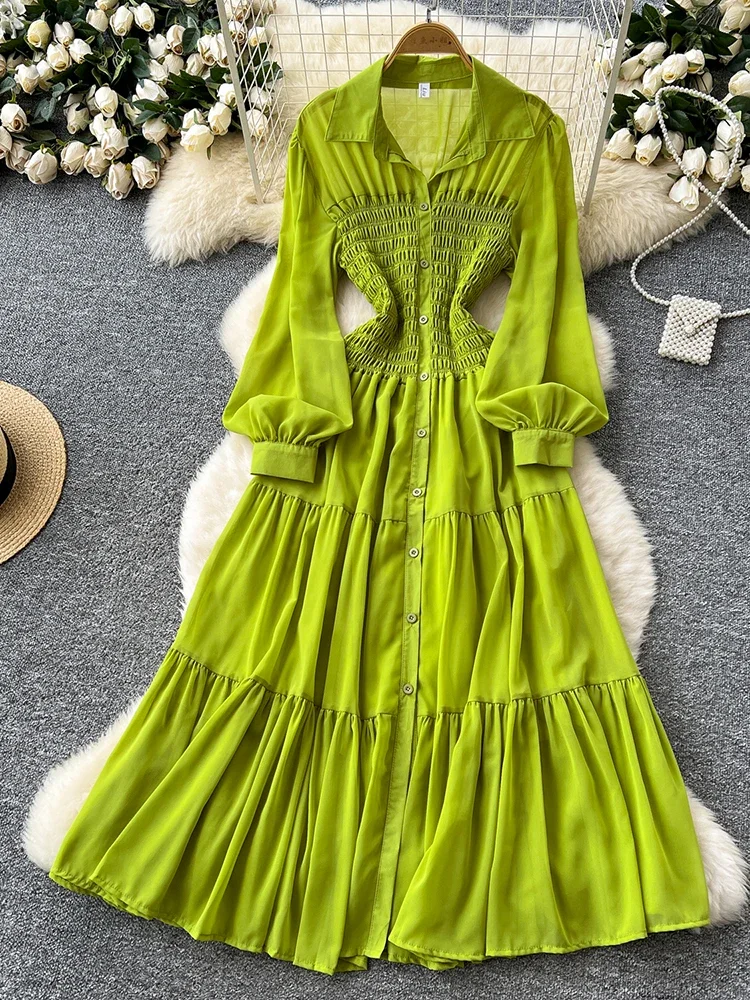 

Spring Autumn Women's Long Sleeved Shirt Long Skirt French Retro Collar Elastic Pleated Waist Single Breasted Dress Female C133