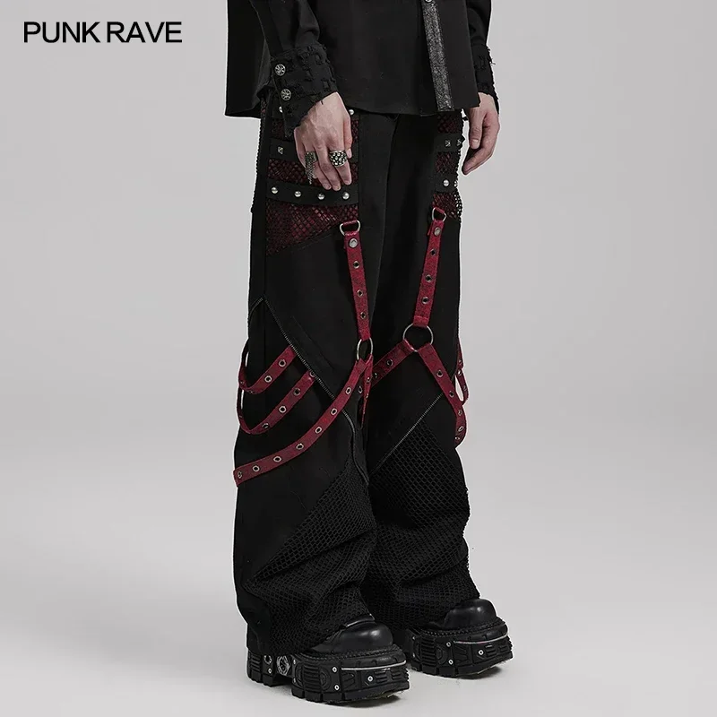 PUNK RAVE Men's Punk Style Wide Leg Trousers Cotton Webbing with Metal Rivets Combination Personality Casual Loose