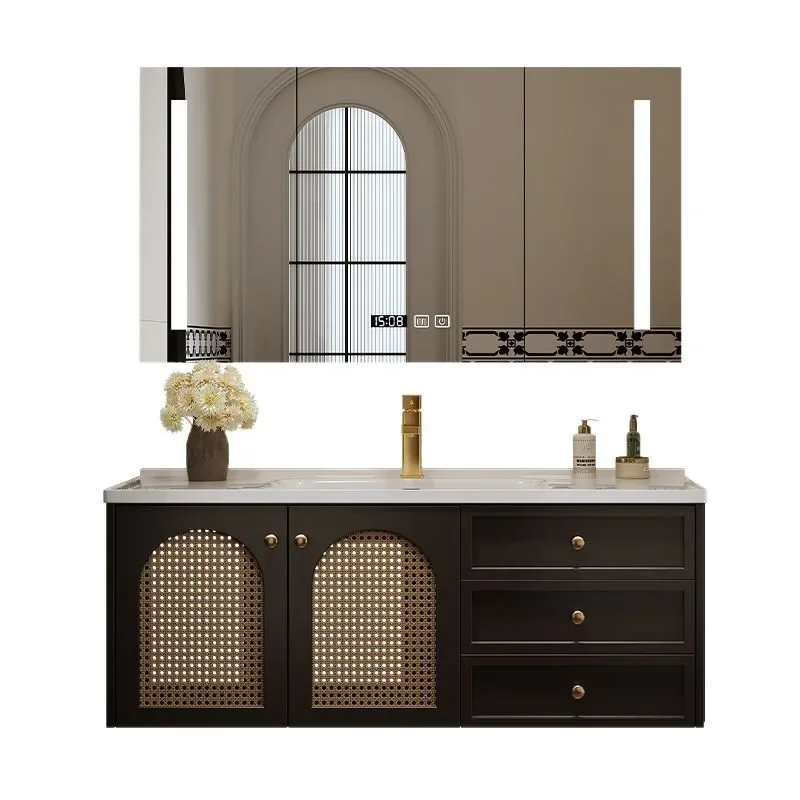 

French retro rattan oak bathroom cabinet combination, ceramic integrated, bathroom washbasin cabinet