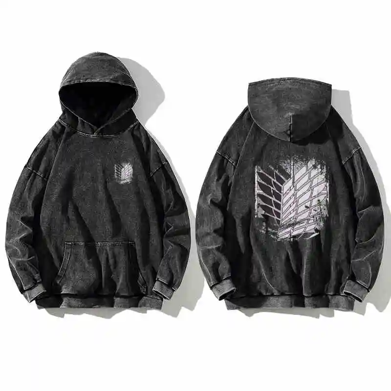 Unisex Vintage  Washed Retro Attack On Titan Cotton Hoodie High Street Sweatshirt Women Men Streetwear Black Hooded Pullover