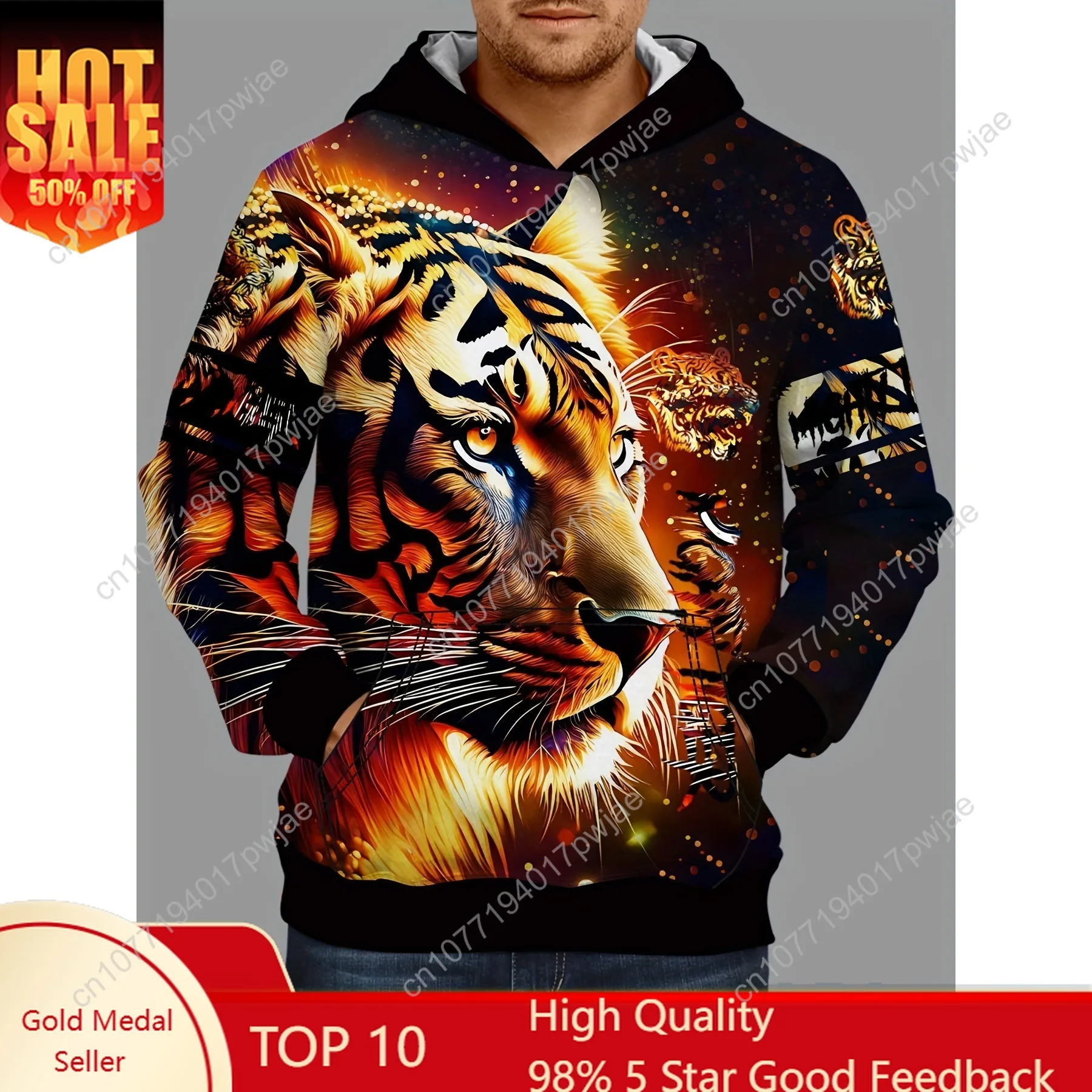 Moletom com capuz gráfico de tigre – ajuste solto confortável, pulôver moderno com capuz e bolso canguru, roupas masculinas de outono, design de impressão 3D