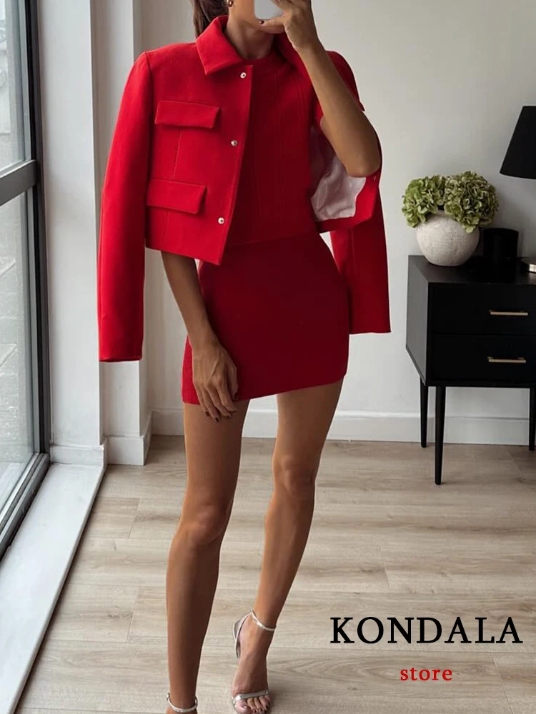 KONDALA Stylish Red Cropped Jacket Four Flap Pockets Collar Button Closure Blazer Fashion 2023 Autumn New Chic Women Outwear