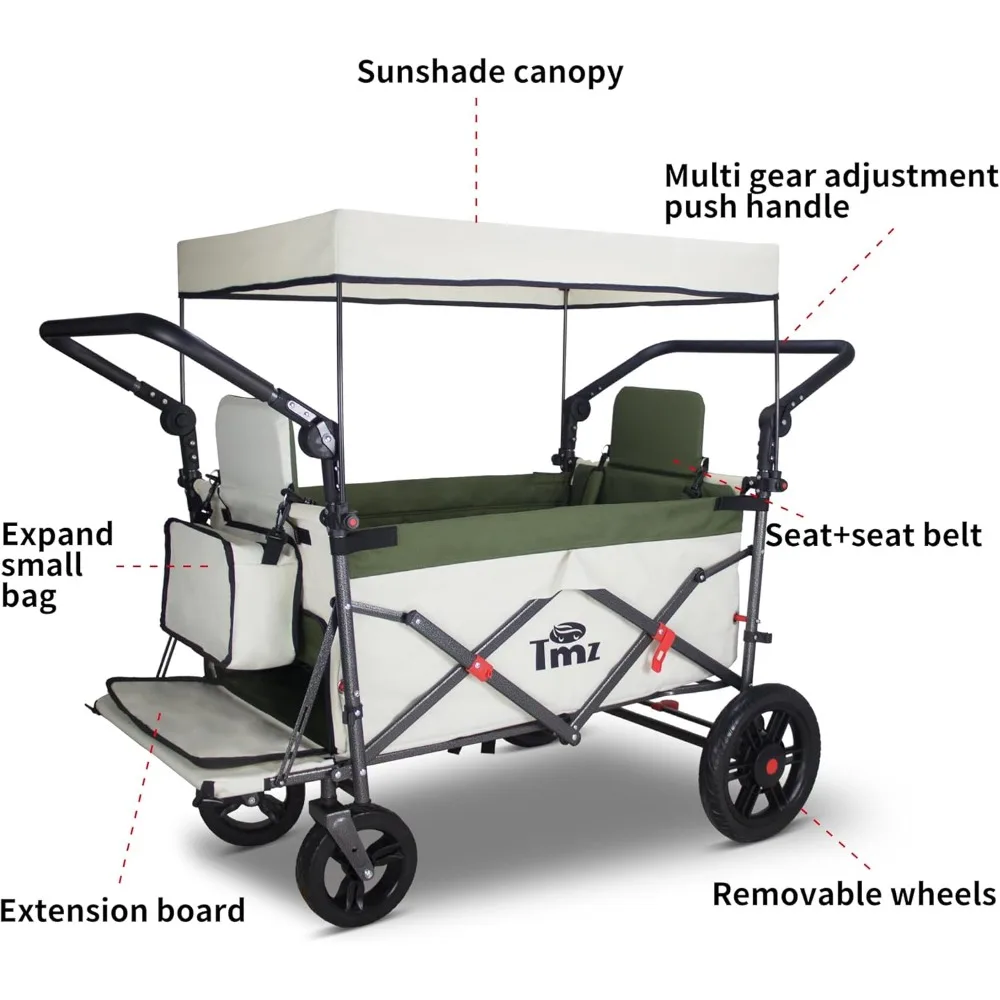 Vagão dobrável multifuncional dobrável com alça ajustável, dossel e acesso de expansão para atividades ao ar livre