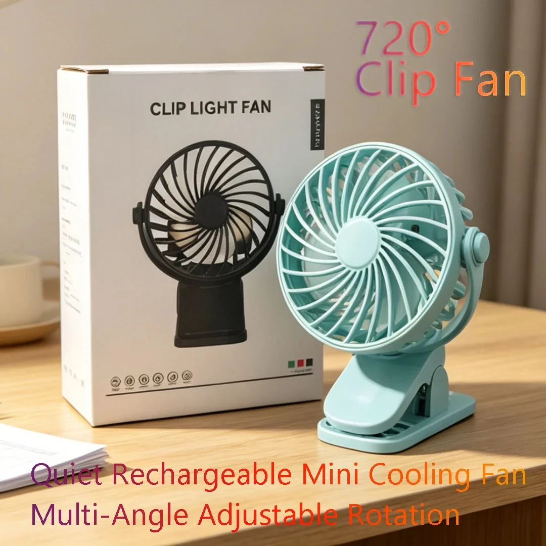 720 ° Ventilateur à clip rotatif, mini ventilateur portable, lampe de nuit intégrée, ventilateur personnel rechargeable par USB pour le camping en plein air