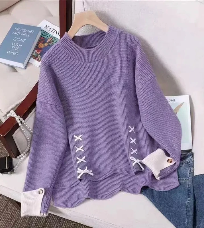 

Sweet Style Red Christmas Round Neck Loose Warm Winter New Pullover Sweater Chic Bow Design Long Sleeves Thickened Knitwear