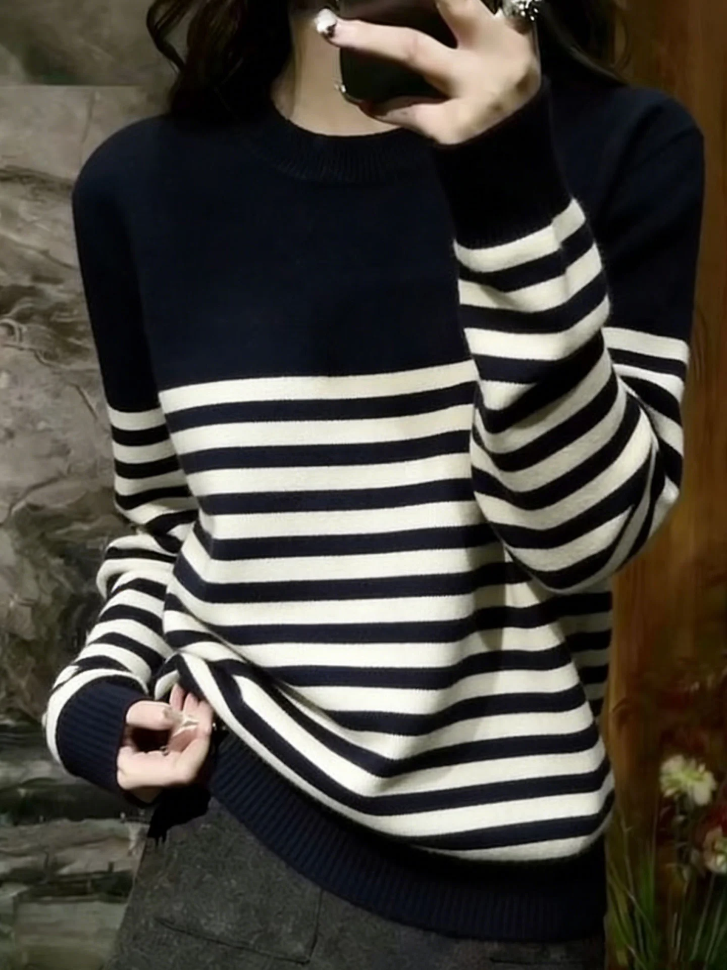 

Ele Striped Long Sve Knitted Sweater Comfortable Loose Fit round Ne Spring Faion Casual Sle Korean Version Commute