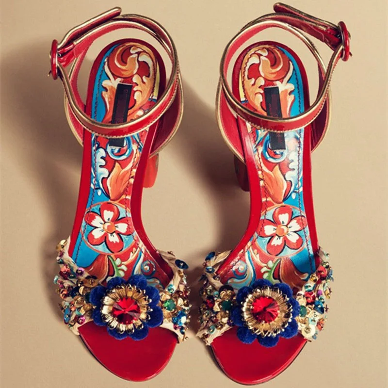 Bohemia Print Floral Chunky Heel Sandalias Female Blue Red Prom Wedding Shoes Woman Ankle Strap Sequins Rhinestone Sandals