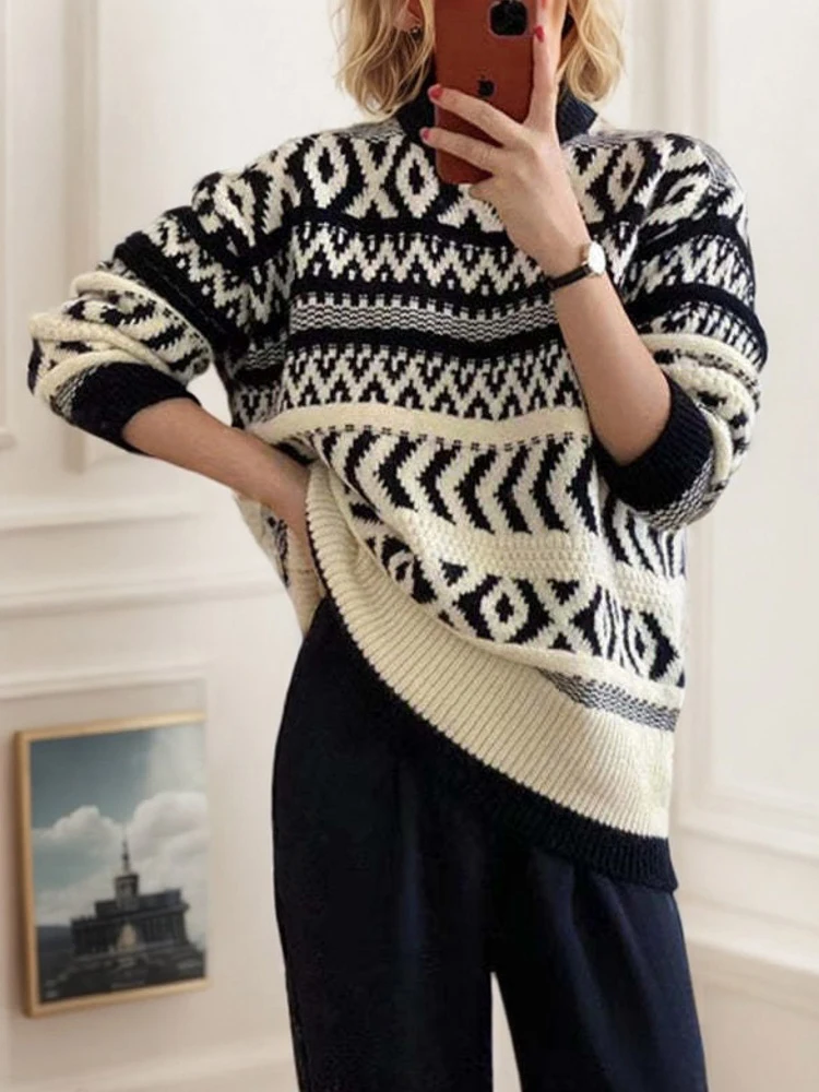 

Women's Crew Neck Long Sleeve Contrast Striped Minimalist Casual Pattern Drop Shoulder Pullover Sweater Casual Daily