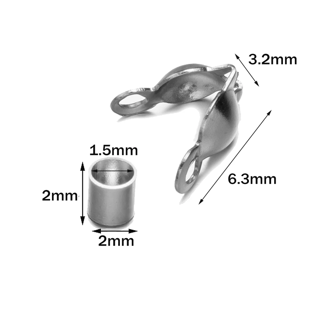 50 Stück Edelstahl-Quetschperlenspitzen, Knotenabdeckungen, Clamshell-Faltperlenspitzen mit 50 Stück Endkappen für die Schmuckherstellung, Basteln, Heimwerken