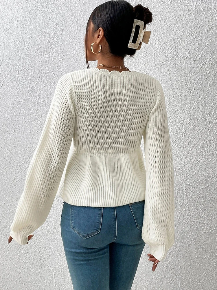 Halbtransparenter, modischer und eleganter, einfarbiger Strickpullover für Damen mit Laternen-Kordelzug