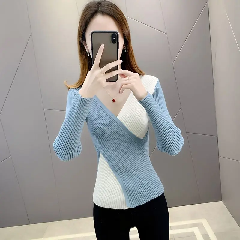 

Woman V-neck Knitted Patchwork Sweater Female Warm Stretch Pullover Ladies Elegant Basic Vintage Sweaters G20