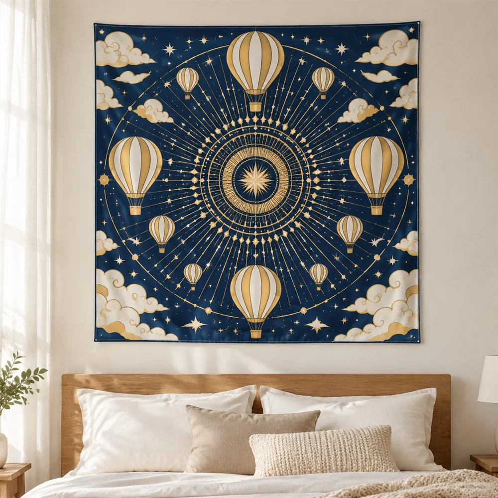 VIKAMA Hot Air Balloon Tapestry Wall Hanging, Sky Adventure Wall Art, Whimsical Decor for Nursery Kids Room Bedroom Living Room