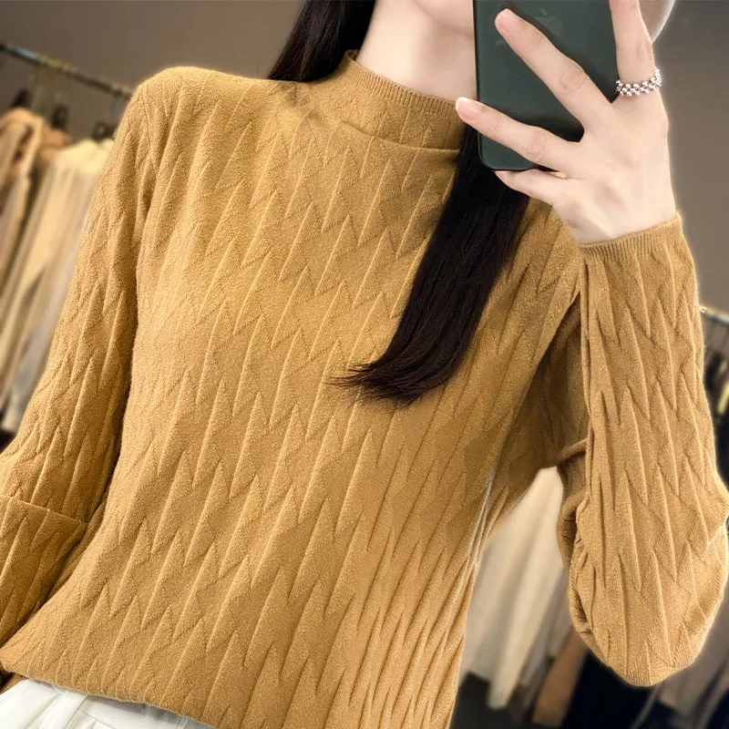 Autumn Winter Women Pure Wool Blend Soft Sweater Half-high Collar Diamond Grid Pullover Cashmere Female Solid Bottoming Knit Top