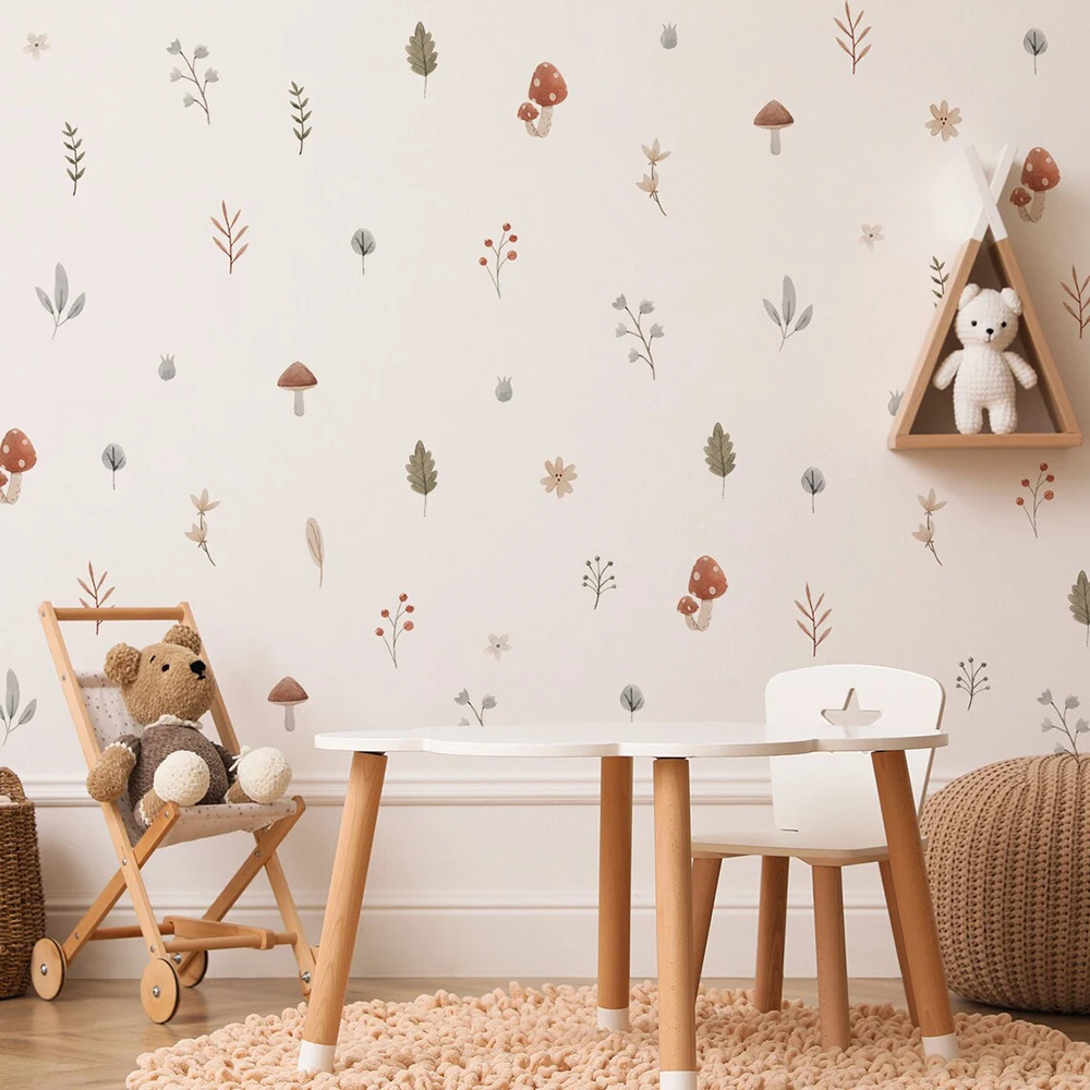 

Boho Cartoon Mushroom Branch Leaves Flowers Pattern Wall Stickers for Kids Room Baby Nursery Room Home Decor Interior Decals