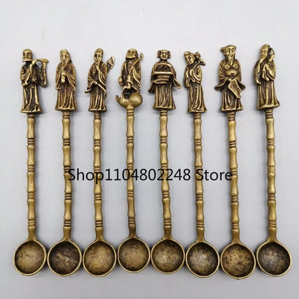 8Pcs Eight Immortals Small Spoon Statue Set Chinese Brass Copper Handcarved
