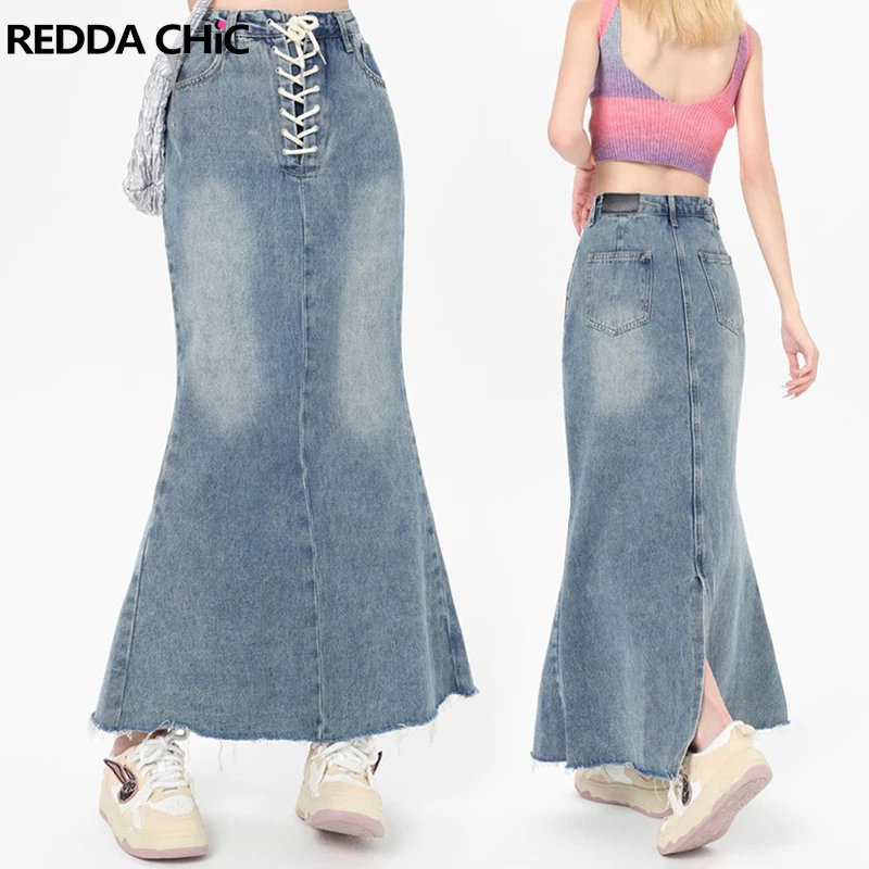 

REDDACHiC Women Lace-up Denim Maxi Skirt with Slit Back Blue Frayed High Waist Fishtail Midi Long Jeans Skirt Retro Y2k Bottoms