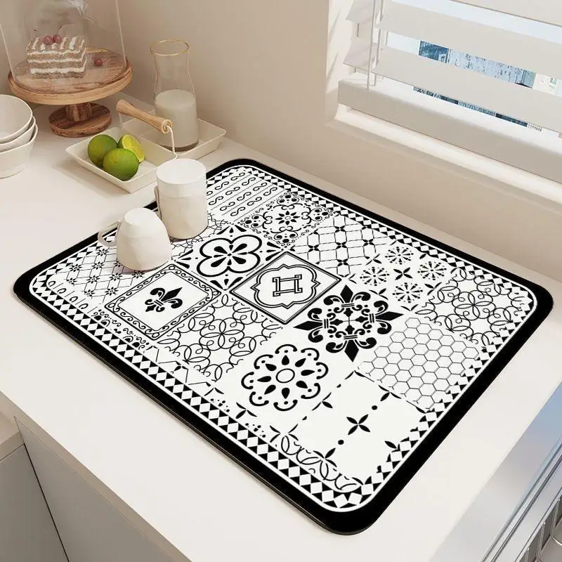 30x40cm Retro Floral Pattern Diatomite Drainage Mat Heat Resistant Non Slip Pad for Bathroom Vanity Top