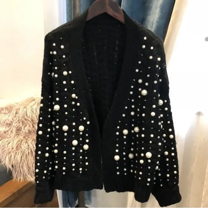 

Роскошный вязаный кардиган со стразами и жемчугом, женский короткий укороченный кардиган на весну и осень, шикарный бутик-стиль
