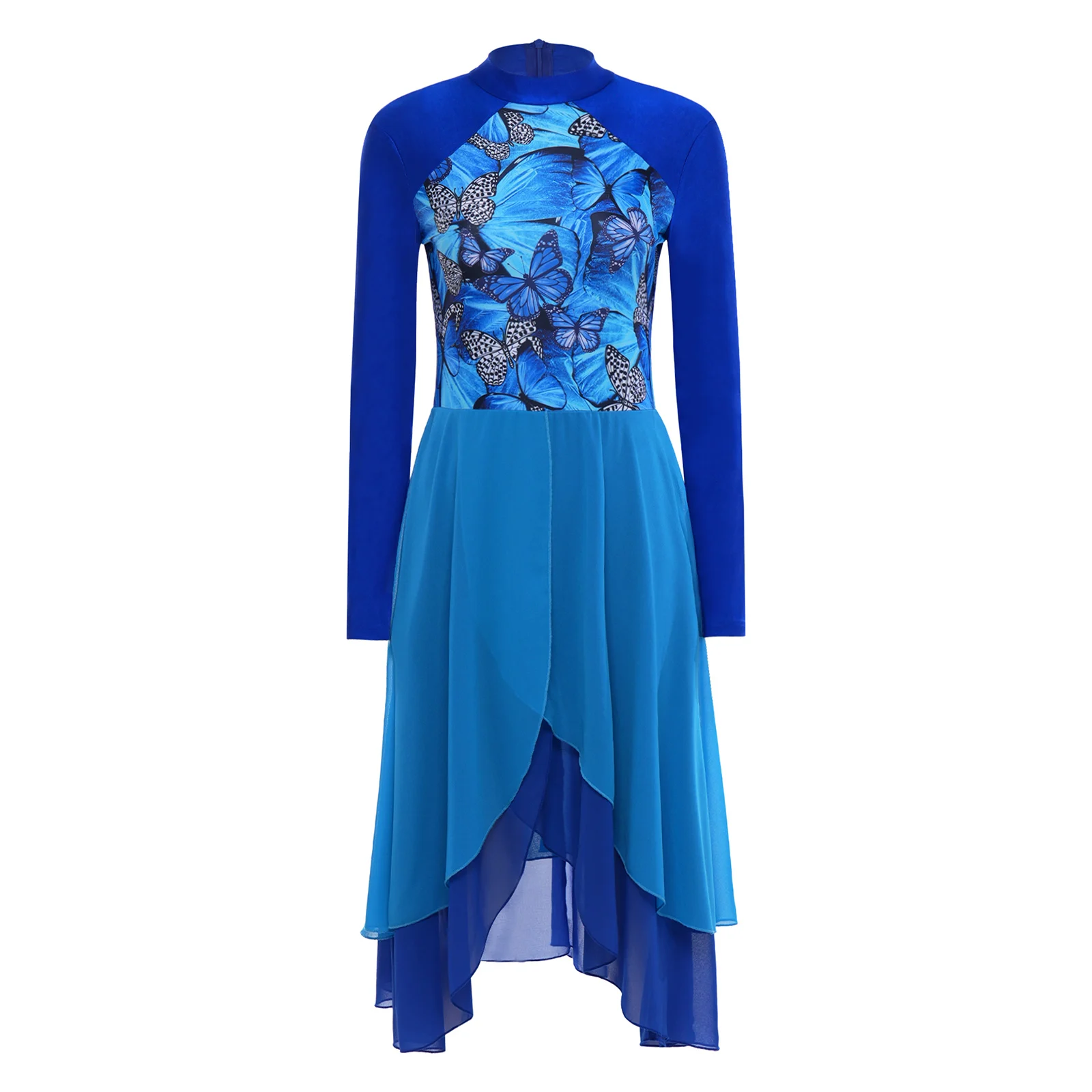 

Womens Worship Church Praise Dress Chest Printed Long Sleeve Irregular Tiered Chiffon Hem in Color Blocking Design Dress