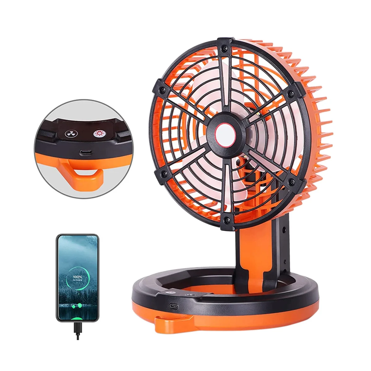 Camping Fan Portable Rechargeable Fan with Lamp Desk Folding Fan Dormitory Telescopic Fan Small Outdoor Fan Lamp(Orange)