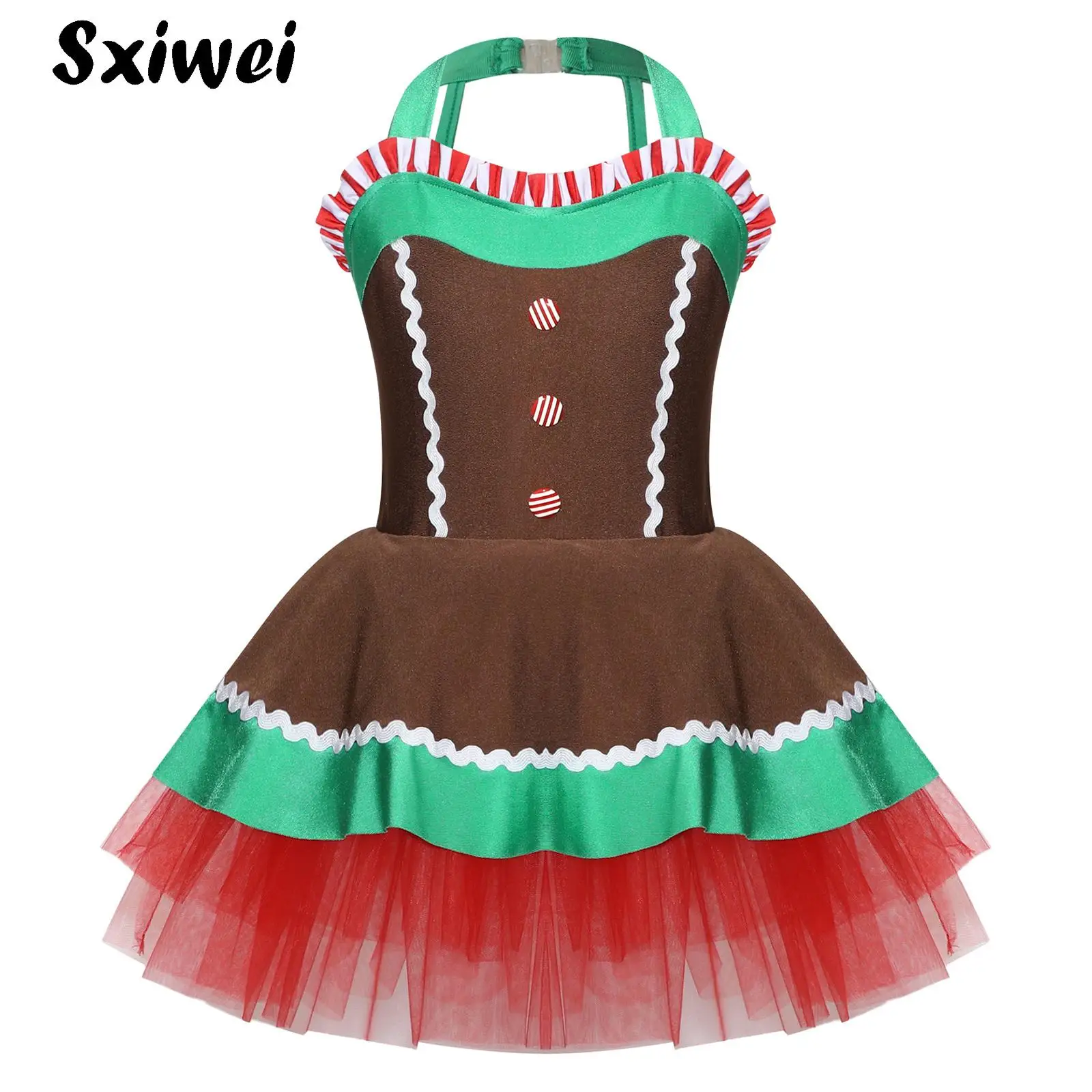 

Kids Girls Christmas Gingerbread Man Fancy Dress-up Ballet Tutu Dance Dress New Year Xmas Leotard Santa Claus Party Costume
