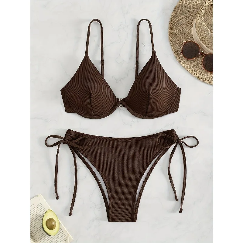 

2026 summer new solid color with steel tray lace-up sexy swimsuit split women's bikini set