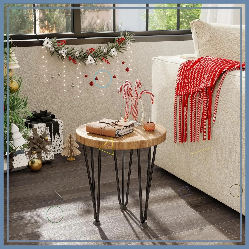 

Rustic Round Coffee Table - Solid Elm Wood with Metal Legs, Non-Slip Feet for Living Room Bedroom - 14x14x16 Inches Natural