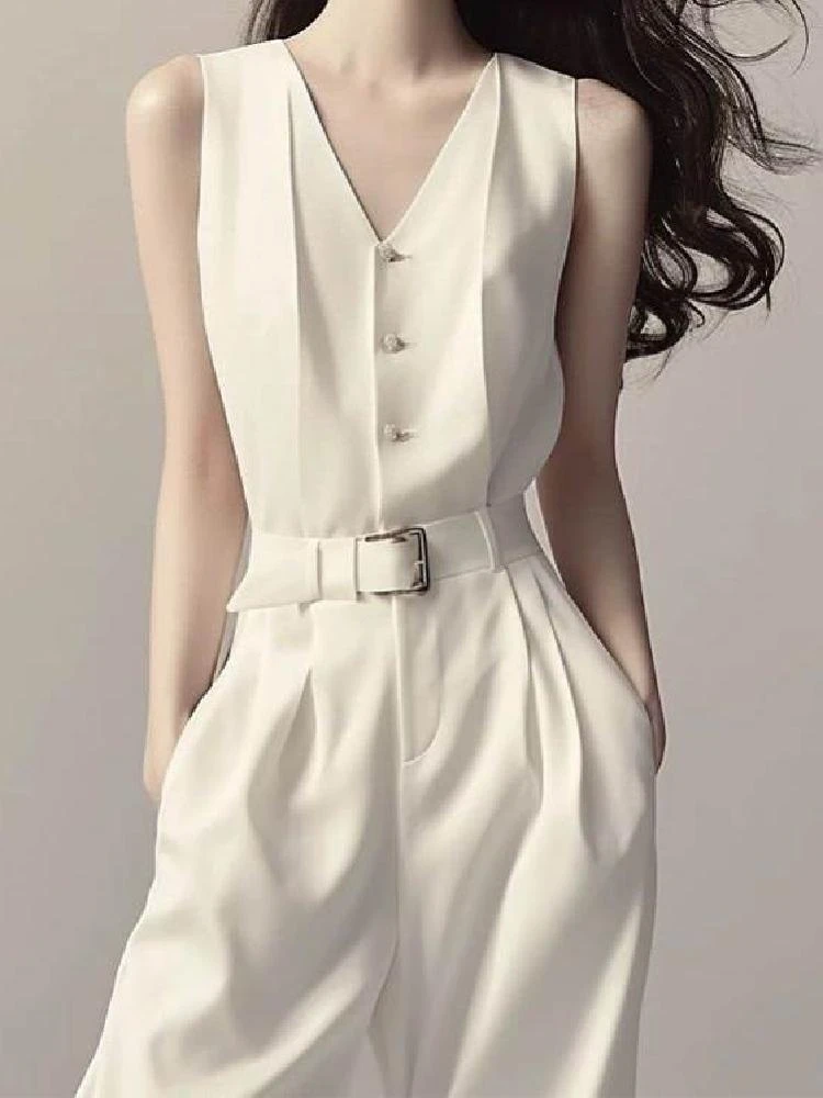 

Женский модный костюм с белым жилетом, лето 2025 г., комплект из двух предметов, комбинезон, брюки, элитная рабочая одежда стандартной посадки