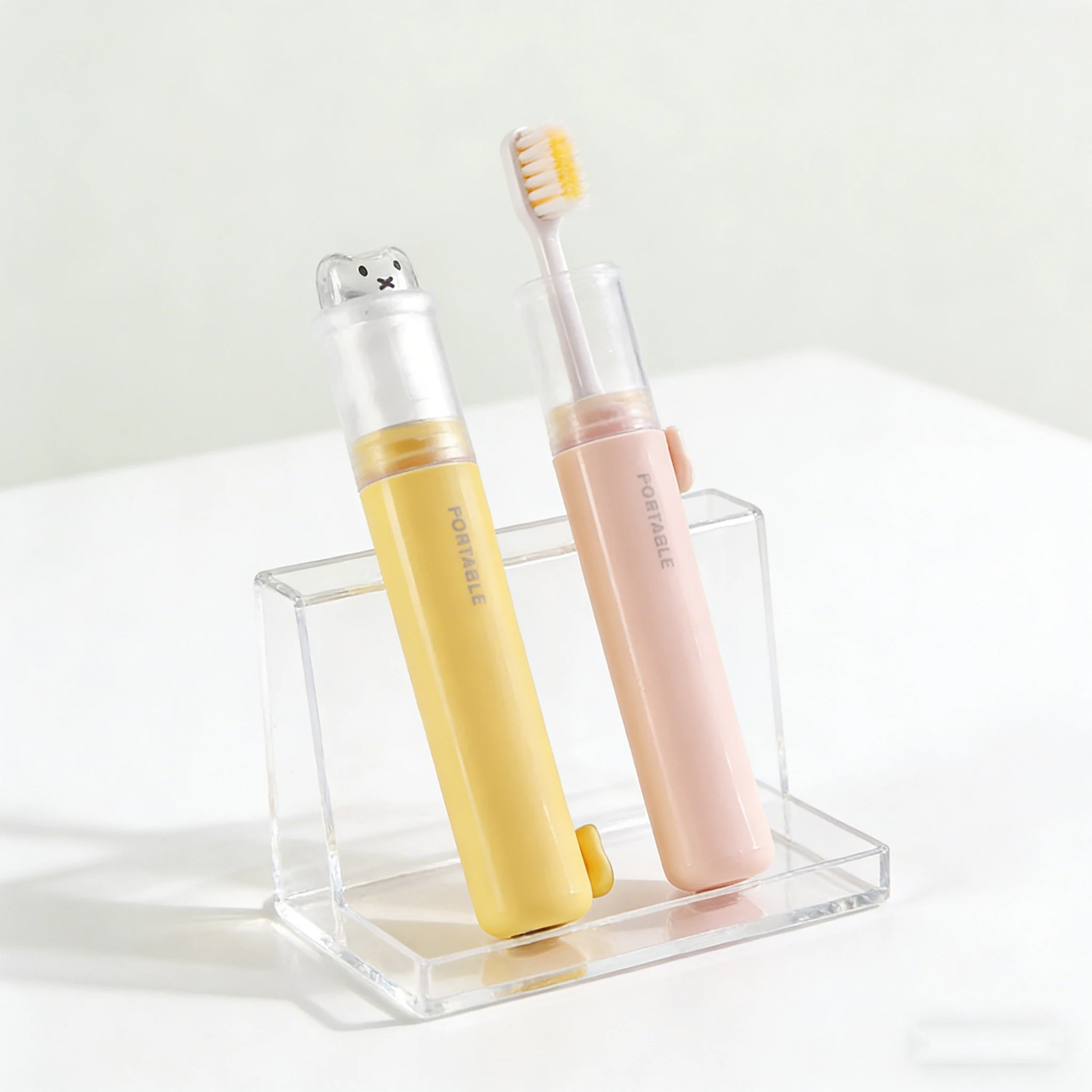 Cute 2 In 1 Foldable Travel Toothbrush Portable Toothpaste Storage Soft Bristle Toothbrush with Bear Dust Cover Macaron Colors