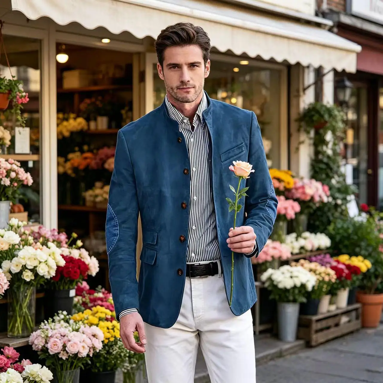 

Men's Vintage Suede Blazer with Denim Elbow Patches Slim Fit Stand Collar Jacket Formal Business Tuxedo Daily Wear for Spring
