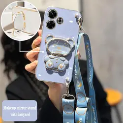 13 Cute Raccoon Makeup Mirror Plating Phone Holder Case For Xiaomi Redmi 13 13C A3 Turbo3 Shatterproof Soft Back Cover