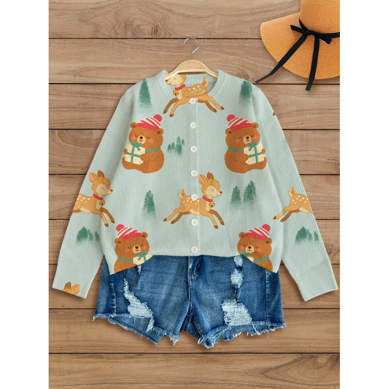

Bear and Deer Digital Print Women's Knit Cardigan Thick, Loose-Fit Crew Neck Long Sleeve Autumn/Winter Casual Style