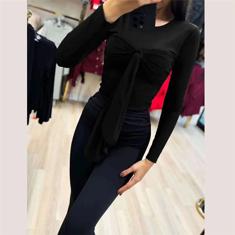 Amazon 2024 ฤดูหนาวใหม่ผู้หญิงสีทึบรอบคอCOMMUTERสไตล์อเนกประสงค์แน่นและSlimเสื้อแขนยาว