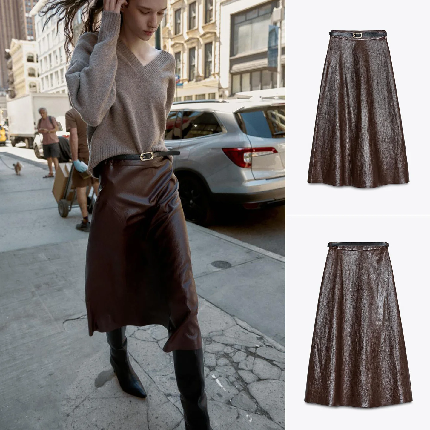 

Юбка-миди с высокой талией из искусственной кожи и поясом. Новое осеннее поступление. Женская повседневная юбка-трапеция Faion Ci для поездок на работу.